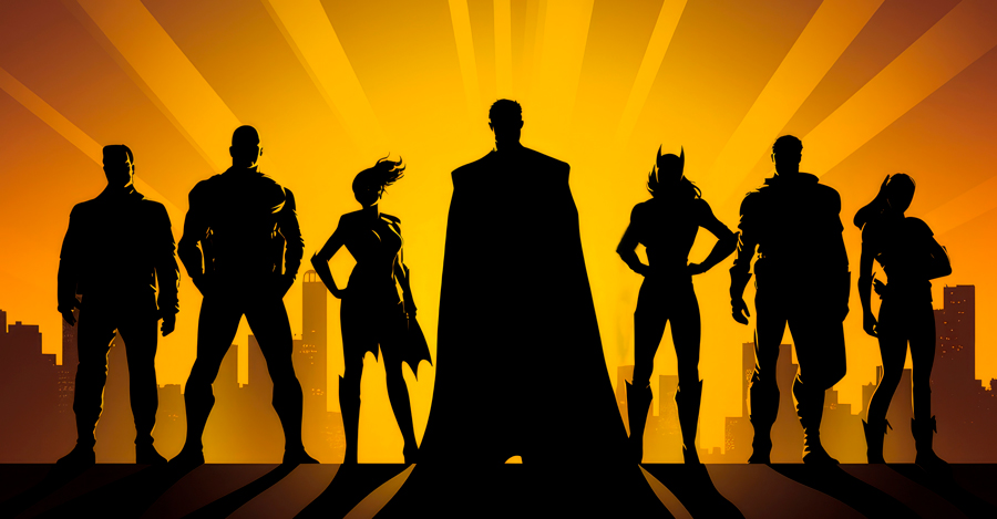 Silhouettes de super-héros alignés à contre-jour : le cercle de mentors imaginaire